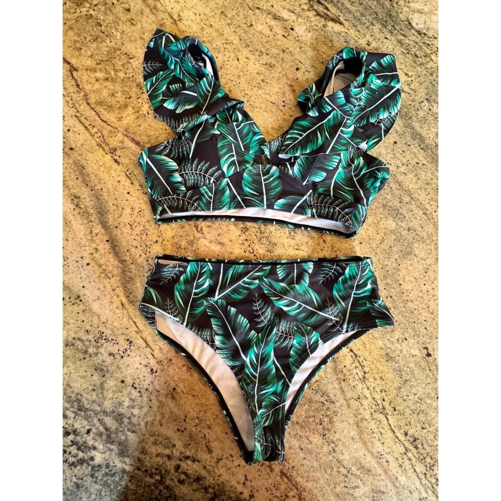 Tropical Green Leaf Ruffle High Waisted Bikini Set Two Piece Swimsuit Small - Picture 13 of 13